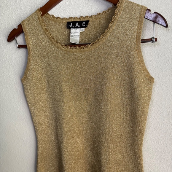 Vintage 90s Gold Sleeveless Knit Top Crochet Scallop Neckline Womens Medium - Picture 4 of 11